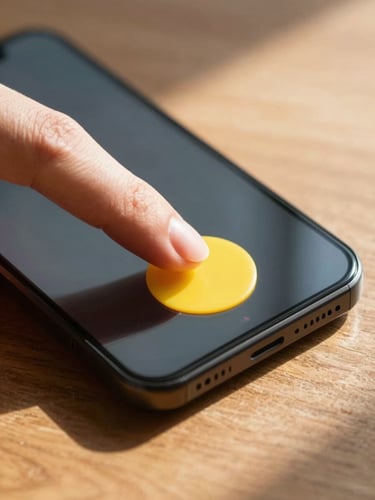 Close-up macro shot focusing on a thumb pressing a large, vibrant yellow button on a Pixel phone screen. Warm morning sunlight casts soft shadows across a wooden desk surface.