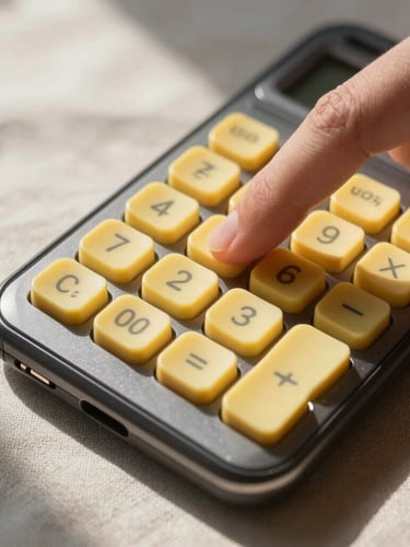 A close-up top-down view of a thumb tapping a springy, butter-yellow calculator button on a real Android phone, warm morning sunlight casting soft shadows on a linen sheet.