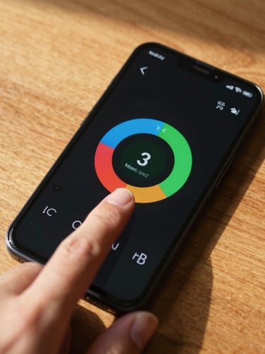 A close-up top-down shot of a thumb tapping a vibrant weather widget on a Pixel phone, resting on a warm wooden desk with morning sunlight casting soft shadows.