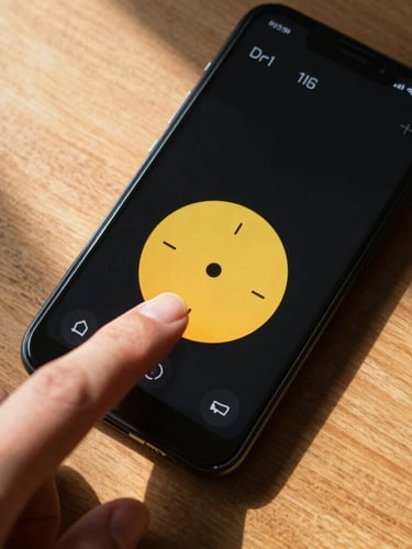 Top-down macro shot of a thumb tapping a warm yellow weather widget on a Pixel phone, soft morning sunlight casting long shadows across a wooden desk.