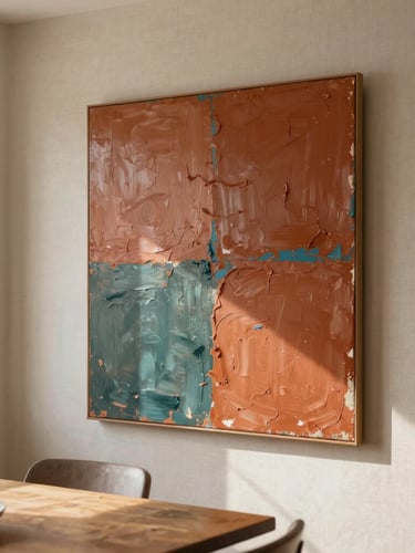 A large mixed-media painting with thick terracotta acrylic and teal oil pastel smudges, hanging on a warm linen-textured wall in a sunlit Portland dining room, soft natural daylight.