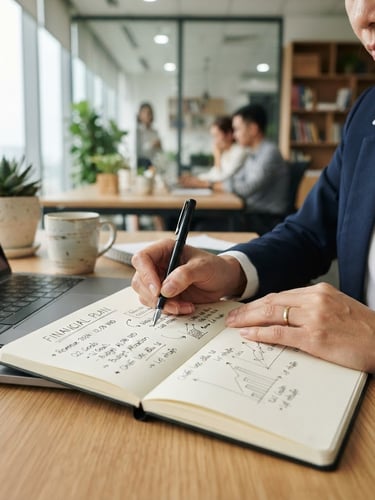 Professional photo of a Vietnamese office worker's hands writing financial plans in a notebook on a modern desk, soft natural daylight, corporate navy and clean white tones, shallow depth of field, 35mm lens