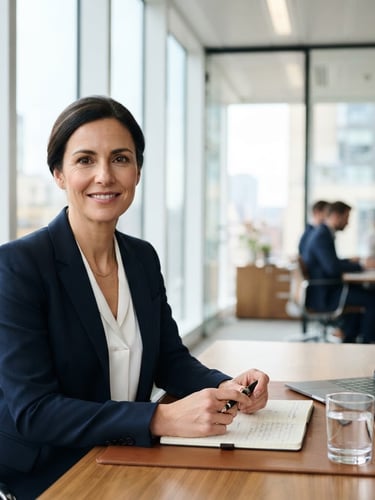 Professional portrait of a calm, trustworthy financial expert in a modern, bright office, corporate navy and clean white tones, shallow depth of field, 35mm lens, positioned on the left side of a wide frame.