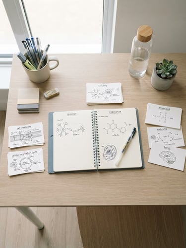 Overhead flat lay of an organized modern study desk, bright natural daylight, handwritten active-recall flashcards with precise diagrams, minimal slate-blue notebook, 35mm lens.