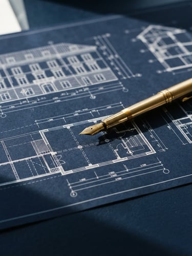 Macro shot of architectural blueprints and a gold fountain pen resting on a dark navy desk, sharp side lighting, high contrast