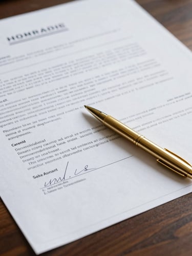 Close-up of technical blueprints overlaid with signed legal contracts on a dark oak desk, sharp side lighting, gold pen reflecting light, 35mm