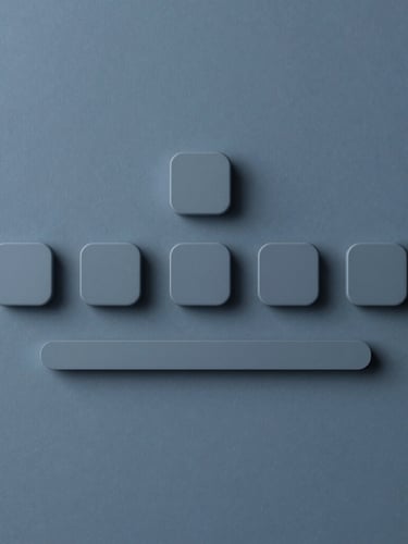 Strict orthographic projection of a minimalist digital interface layout on a cool slate blue screen, soft diffused side lighting, clean alignment.