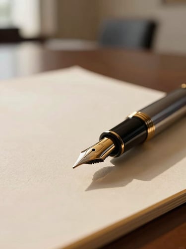 A close-up macro shot of a gold-nibbed fountain pen resting on heavy cream paper inside a dimly lit executive boardroom, soft golden hour side-light, extreme shallow depth of field.