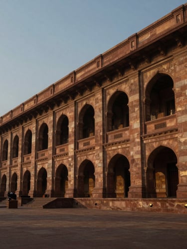 Wide panoramic architectural detail of the Parliament of India in New Delhi, low-key dramatic side-lighting, soft golden hour shadows, elegant stone textures.