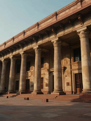 Cinematic wide-angle view of the North Block secretariat building in New Delhi, dramatic side-lighting during golden hour, emphasizing majestic sandstone columns and deep shadows.