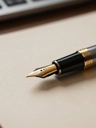 A close-up macro shot of a gold-nibbed fountain pen resting on heavy, cream-colored parchment paper, low-key dramatic side-lighting, shallow depth of field, New Delhi executive office setting.