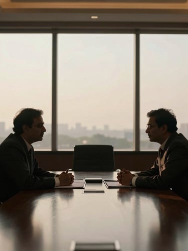 Discreet, anonymous silhouette of a political leader in deep consultation in a high-end New Delhi executive boardroom, soft golden hour lighting, cinematic framing.