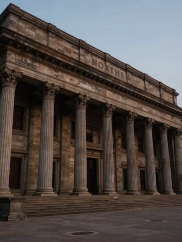 A wide cinematic shot of the grand stone facade of the North Block in New Delhi at dusk, low-key dramatic lighting highlighting the classical columns, deep shadows.