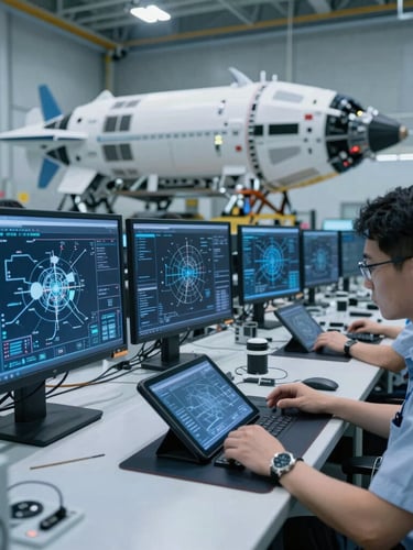 Wide shot of an advanced aerospace assembly facility, engineers analyzing complex digital schematics on tablets, cool blue and slate tones, precise technical lighting.