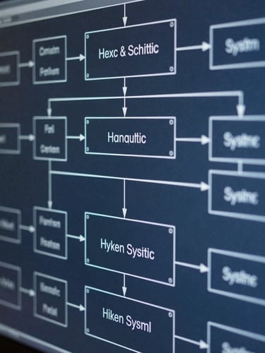 Macro technical shot of high-resolution SysML diagrams on a vertical blueprint screen, clean white vector lines on a deep slate background, cool precise technical lighting, sharp focus on system blocks.
