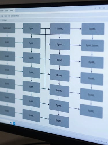 Macro shot of a high-resolution SysML block definition diagram on a vertical monitor, cool precise technical lighting with blue undertones, sharp focus on interconnected systems architecture blocks, clean slate and steel-blue palette