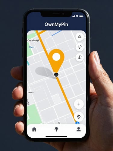 A clean mobile UI mockup of OwnMyPin showing a precise route map with a bright saffron pin on a dark smartphone screen, held by a hand, high-contrast shadows.