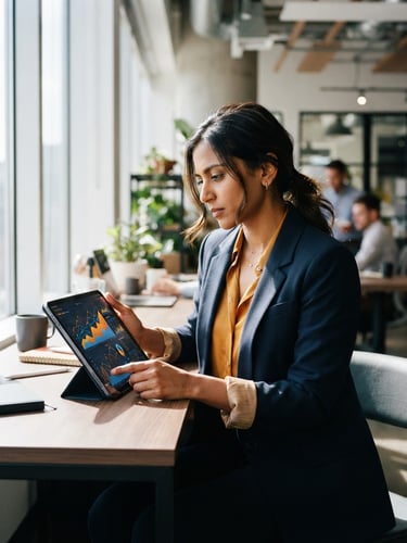 A sharp, high-contrast portrait of a digital strategist analyzing growth charts on a tablet, bright daylight, warm saffron accents, 35mm