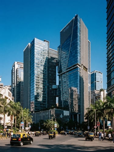 A high-contrast wide environmental shot of modern Mumbai office skyscrapers reflecting bright natural daylight, crisp architectural shadows, 35mm