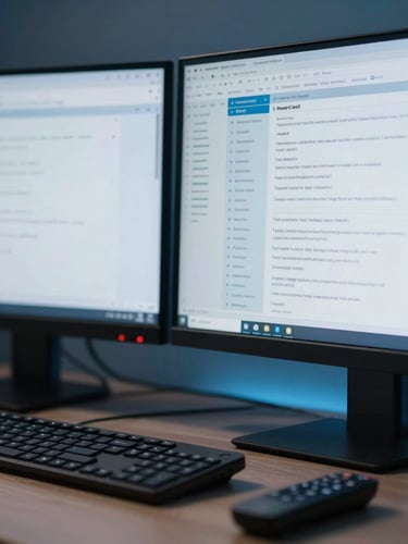 Close-up of a modern remote workspace setup with clean dual monitors displaying database metrics, soft blue ambient light
