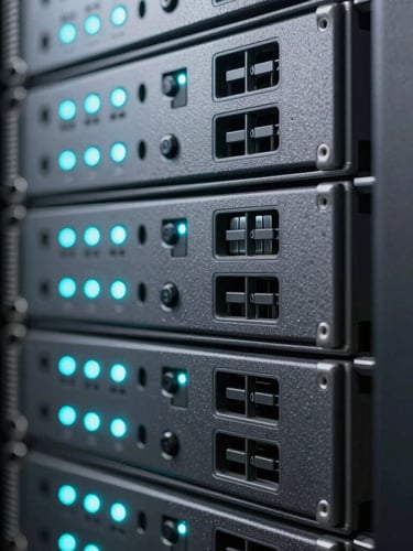 Macro shot of a secure server rack with glowing cyan status lights, cool-toned professional studio lighting, depth of field.