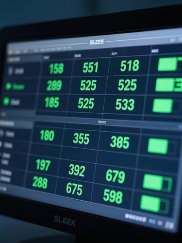 Sleek close-up of remote monitoring dashboard showing green uptime status indicators on a dark screen, cool blue ambient light