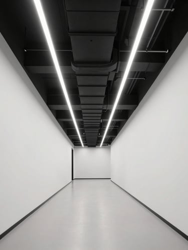 Symmetrical architectural shot of a clean, minimalist office corridor with exposed matte-black HVAC ducts and linear LED light strips running parallel, high contrast, clinical precision.
