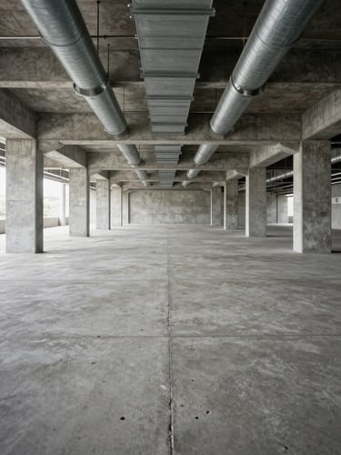 Symmetrical one-point perspective of a massive, raw concrete floor plate with exposed steel columns and pristine overhead HVAC ductwork, high-contrast natural light.