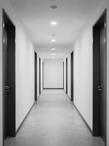 Wide, symmetrical shot of a newly finished corporate corridor, clean lines, pristine white walls contrasting with charcoal structural columns, cool clinical lighting.