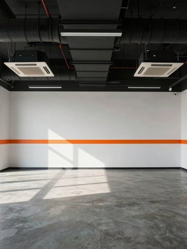 Symmetrical wide-angle shot of a pristine, newly commissioned corporate office interior, exposed black HVAC ducting on the ceiling, clean concrete floor, sharp safety orange accent line on the far wall, dramatic natural light.