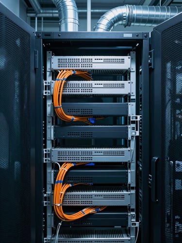 Symmetrical close-up of pristine server rack cabling and clean industrial HVAC ductwork in a modern technical room, cool blue and safety orange lighting, high-contrast details