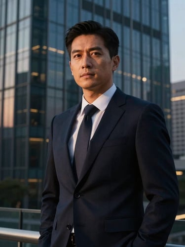 Editorial portrait of a high-end financial consultant in a dark navy suit, warm side light, background of modern high-rise glass windows at dusk, cinematic 35mm.