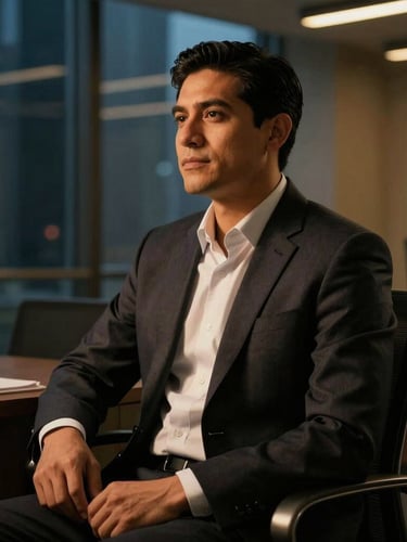 Portrait of a Hispanic financial consultant in a tailored dark suit, sitting in a modern high-rise office, dramatic side lighting, warm gold tones, editorial financial photography.