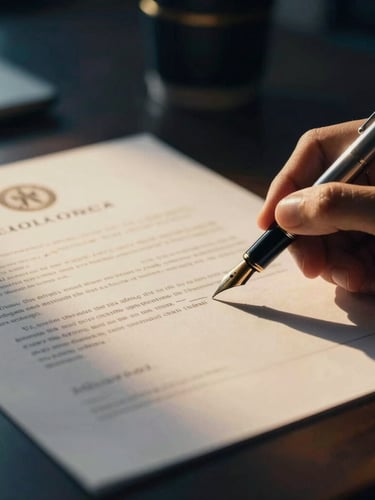 Macro shot of a fountain pen signing a corporate contract on high-quality paper, warm gold light reflecting off the desk, dark executive office setting.