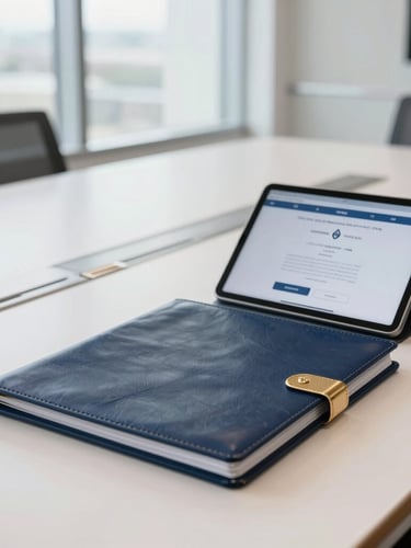 A bright, clean modern conference room in Fort Worth, a leather-bound legal folder resting next to a sleek tablet displaying a digital signature interface, soft window daylight.