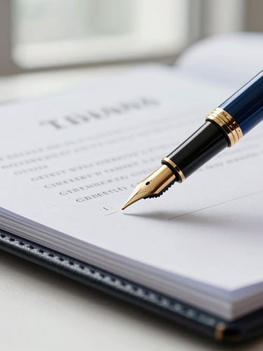 A close-up macro shot of an elegant fountain pen signing a legal document on a dark leather folder, soft window daylight, editorial corporate photography style.