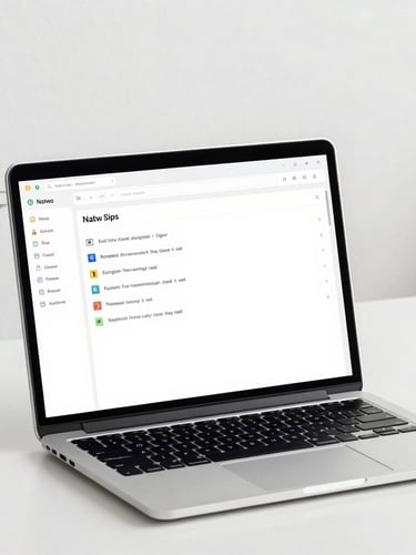 High-fidelity digital mockup of a Notion dashboard on a modern laptop, clean minimalist workspace with a sage plant, soft diffused daylight, angled desk shot, sharp focus on UI details.