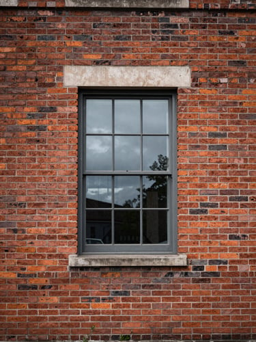 Flat-on architectural crop of a mid-century brick facade, a single steel-framed window reflecting overcast diffuse daylight, clean lines, no distortion.