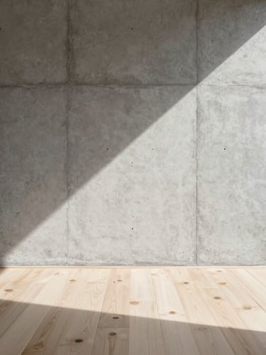 A flat-on architectural crop of raw concrete walls meeting warm white oak floorboards, casting a sharp afternoon shadow at a 90-degree angle, unretouched natural light, minimalist composition.