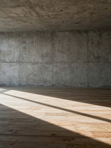 A stark concrete interior with hard afternoon sunlight casting sharp 90-degree shadows across a raw timber floor, uncropped architectural perspective, minimalist composition.