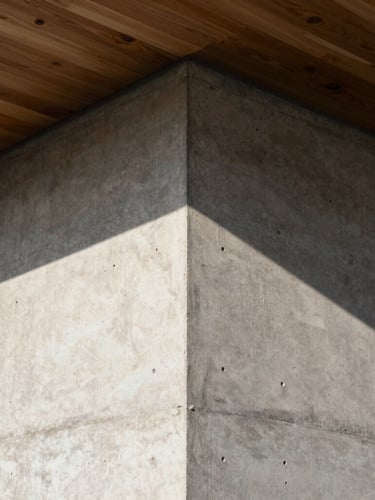 Tight architectural crop of concrete wall meeting raw timber ceiling, hard afternoon sunlight casting sharp 45-degree shadows, unretouched texture.