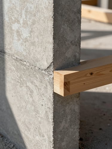 Close-up documentary detail of a concrete and timber junction inside a completed building — sharp morning light grazing a board-formed concrete surface beside a natural oak threshold, shadow line precise, no people, no props, no styling