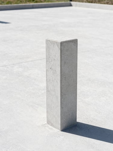 Eye-level architectural photography of a sharp concrete foundation marker on a clean, surveyed land parcel under bright natural daylight, high-contrast shadows, editorial 35mm.