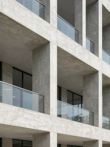Architectural detail of a modern concrete building facade, sharp straight lines, bright natural daylight, high-end editorial 35mm
