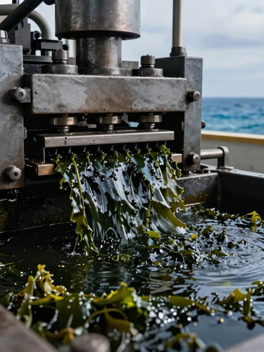 Industrial seaweed processing workshop, heavy steel pressing machinery extracting dark green concentrate, high-contrast dramatic lighting, macro depth of field