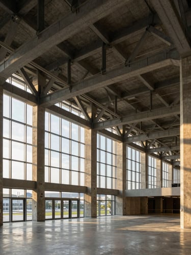 Wide environmental perspective of an architectural interior with exposed structural steel trusses and concrete columns, dramatic natural light streaming through high windows.