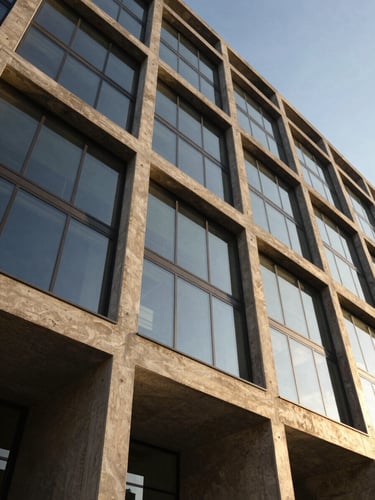 Low-angle heroic shot of a modern concrete and glass building facade, dramatic golden hour light reflecting off structural steel joins, professional architectural photography.