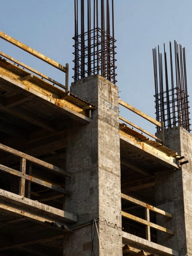 Dramatic close-up of structural steel joints and reinforced concrete pillars on an active high-end construction site, high-contrast editorial photography