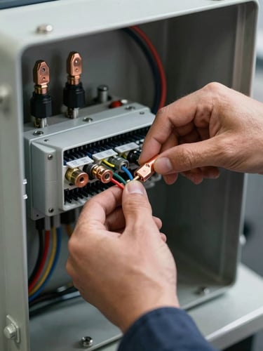 Close-up of a solar technician's hands terminating conduit wiring inside an electrical combiner box, studio strobe lighting revealing internal bus bars, cable labels, and copper lug detail, shallow depth of field, industrial grey metal enclosure, no faces visible