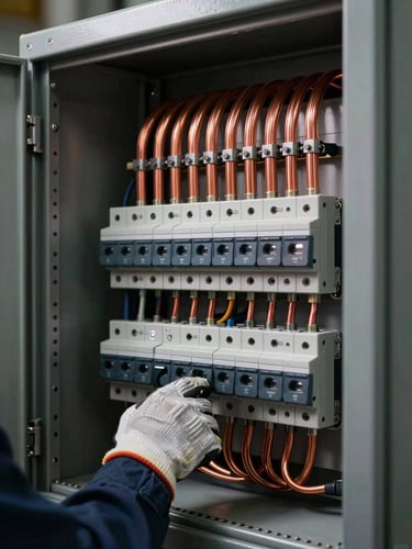 Close-up wide shot of a commercial electrical switchgear panel open for inspection, dense copper busbars and circuit breakers visible, a technician's gloved hand terminating a cable connection in the lower left, studio strobe lighting highlighting the internal finish and labeling, dark steel cabinet framing the composition